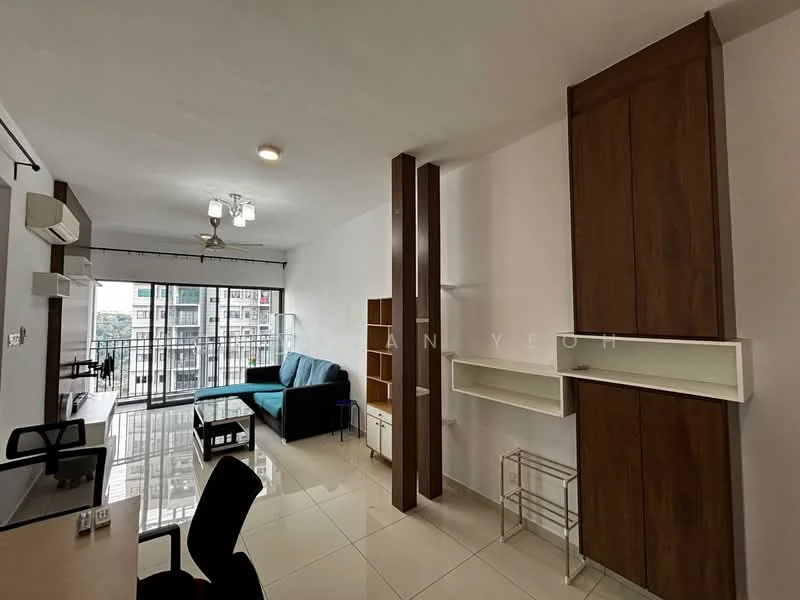 Living features: light grey tiled flooring, white painted walls, exposed wooden feature wall, sofa in teal, coffee table, TV console, floor-to-ceiling windows, sliding glass door, air conditioning unit, ceiling light fixture, study desk with chair, open shelving unit; style: modern; view: city.