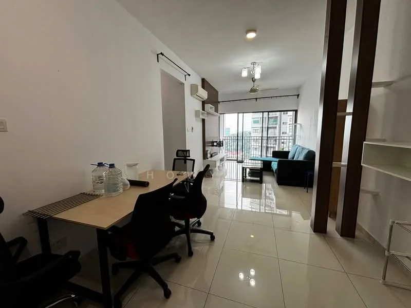 Living features: white painted walls, glossy ceramic tile flooring, recessed downlights, 5-blade ceiling fan with light, sofa in teal, coffee table, TV console, floor-to-ceiling windows, curtains, dining table with chairs, air conditioning unit; style: modern; view: city.