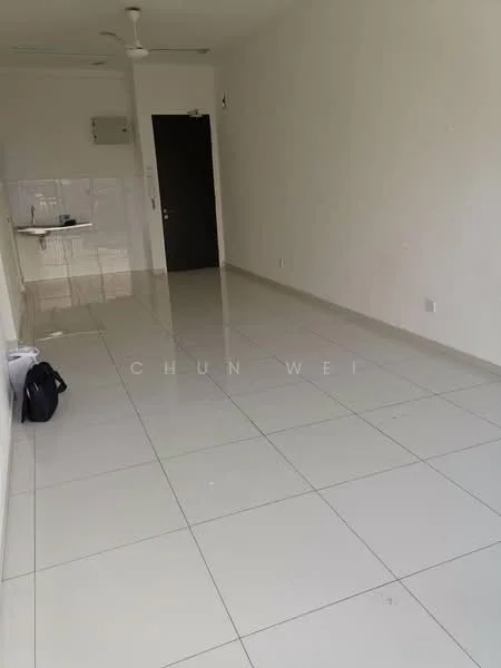 Room features: white painted walls, glossy white tile flooring, ceiling fan, single door, kitchen area visible in the background, no visible furniture or decor; style: minimalist.