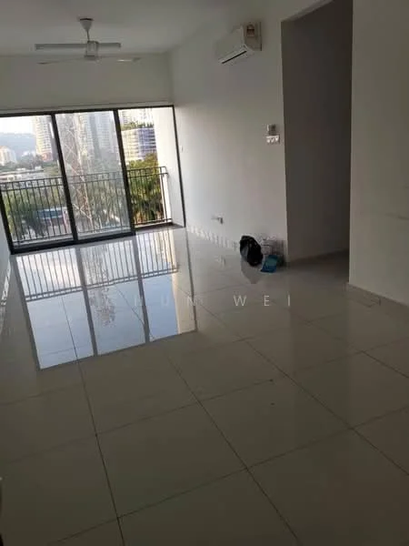 Living features: white painted walls, glossy ceramic tile flooring, 5-blade ceiling fan, wall-mounted split AC, floor-to-ceiling windows, sliding glass door, balcony access, city view; style: modern; view: city.