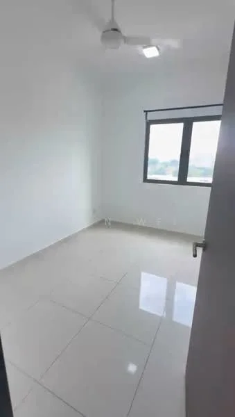 Bedroom features: white painted walls, floor-to-ceiling windows, sliding window treatments, ceiling fan, glossy tile flooring, natural light from windows, neutral color scheme; style: modern; view: city.