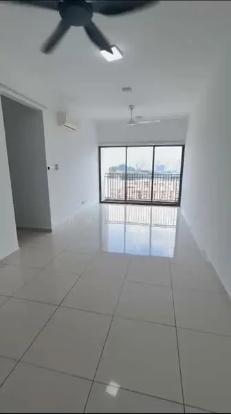 Living features: white painted walls, glossy ceramic tile flooring, 5-blade ceiling fan, floor-to-ceiling windows, city view, air conditioning unit, recessed LED downlights; style: modern; view: city.