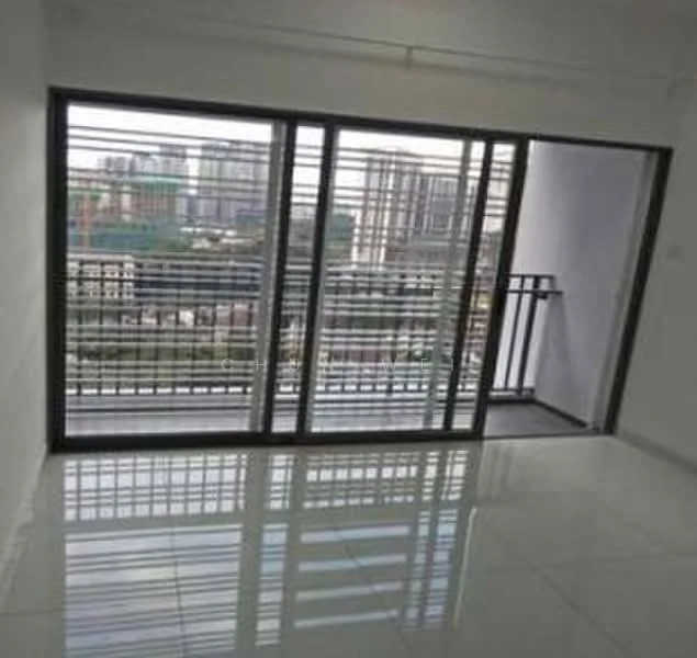 Room features: floor-to-ceiling windows, sliding glass door, white painted walls, glossy tile flooring, balcony access, metal railing, city view, natural light; style: modern; view: city.
