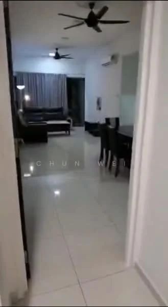 Living features: cream painted walls, white tiled flooring, 5-blade ceiling fan with light, 3-seater fabric sofa in black, dining table with 6 chairs, curtains, air conditioning unit, wall-mounted TV, decorative wall art; style: modern.
