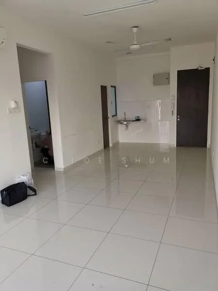 Living features: white painted walls, glossy ceramic tile flooring, ceiling fan, recessed downlights, open kitchen layout, kitchen countertop, single-bowl stainless-steel sink, wall-mounted air conditioning unit, door to bedroom, door to bathroom; style: modern.