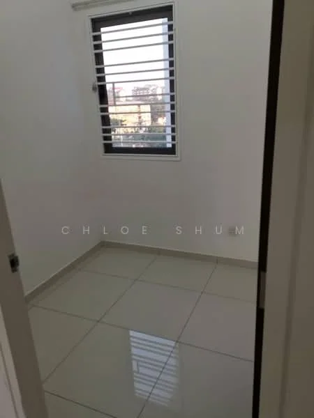 Room features: white painted walls, glossy ceramic tile flooring, sliding window with horizontal blinds, natural light from window, corner room, minimalist design; style: modern; view: city.
