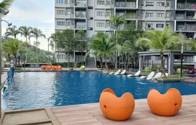 Exterior type: high-rise condominium; features: infinity pool, pool deck with loungers, palm trees, manicured landscaping, modern outdoor furniture, surrounding greenery, residential building facade; style: modern.
