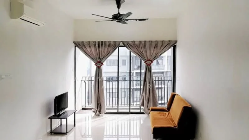 Living features: 3-seater fabric sofa in orange, floor-to-ceiling windows, sheer curtains, blackout curtains, wall-mounted TV, TV console, 1 wall-mounted split AC, polished tile flooring, ceiling fan with light, balcony access, neutral painted walls; style: modern.