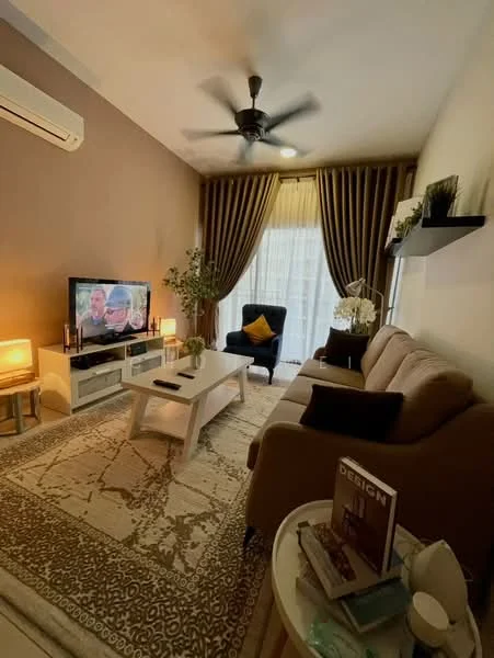 Living features: 3-seater fabric sofa in beige, 2-seater fabric sofa in light brown, coffee table, TV console, wall-mounted TV, area rug with geometric pattern, floor-to-ceiling windows with sheer curtains, 5-blade ceiling fan with light, decorative plants, wall shelf with decor items, lamps on side tables, accent chair in dark blue; style: modern.