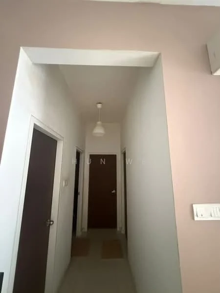 Hallway features: white painted walls, light beige accent wall, tile flooring, single pendant light, two wooden doors, door frame with white trim, doormat at entrance; style: modern.