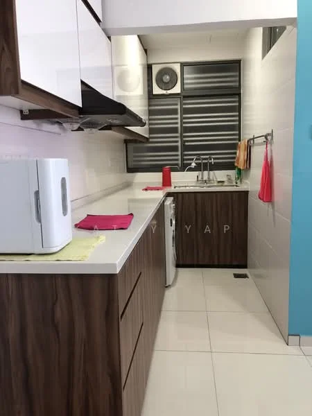 Kitchen features: white quartz countertop, brown wood cabinetry, stainless-steel sink, chrome pull-down faucet, built-in stove with hood, microwave, refrigerator, wall-mounted air conditioning unit, tile backsplash, ceramic tile flooring, hanging kitchen towels, kitchen utensils on wall rack; style: modern.