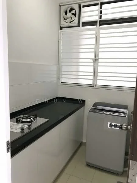 Kitchen features: black granite countertop, white cabinetry, gas stove with 2 burners, stainless-steel sink, washing machine, window with horizontal slats, tile backsplash, light-colored tile flooring; style: modern.