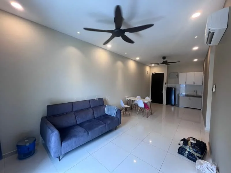 Living features: grey fabric sofa, 3-seater sofa, white dining table, 4 dining chairs, white cabinetry, stainless-steel fridge, built-in kitchen with countertop, white tiled flooring, recessed downlights, 2 ceiling fans, air conditioning unit, light beige painted walls; style: modern.