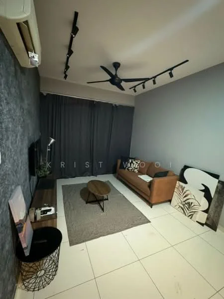 Living features: 3-seater leather sofa in brown, coffee table, TV console, wall-mounted TV, area rug with geometric pattern, 5-blade ceiling fan with light, recessed LED downlights, floor-to-ceiling curtains, decorative artwork on walls, white tiled flooring, grey accent wall; style: modern.