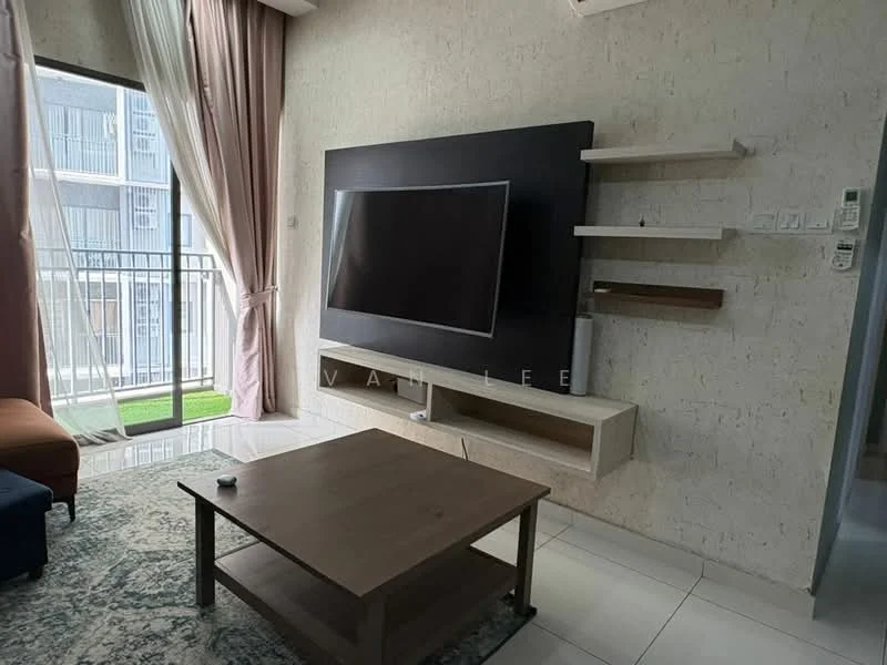Living features: floor-to-ceiling windows, sliding glass door, wall-mounted TV, TV console, coffee table, area rug, sofa in blue fabric, curtains in light fabric, decorative wall with textured finish, white tiled flooring; style: modern; view: garden.
