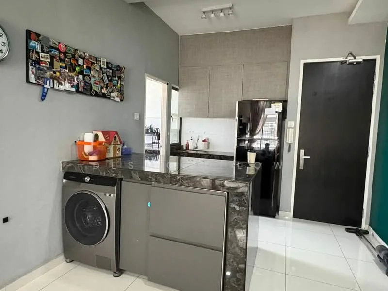 Kitchen features: grey cabinetry, marble countertop, single-bowl stainless-steel sink, chrome pull-down faucet, built-in oven, freestanding range oven, refrigerator, washing machine, white tiled backsplash, white tiled flooring, recessed downlights, wall-mounted clock, decorative wall with stickers; style: modern.