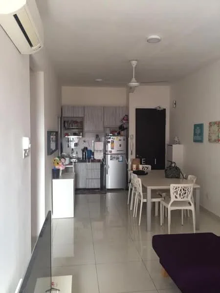 Living features: white painted walls, glossy tile flooring, 5-blade ceiling fan with light, wall-mounted TV, sofa in purple fabric, dining table for 6 with white chairs, open kitchen layout, refrigerator, kitchen cabinets, countertop, kitchen sink, microwave, decorative wall art; style: modern.