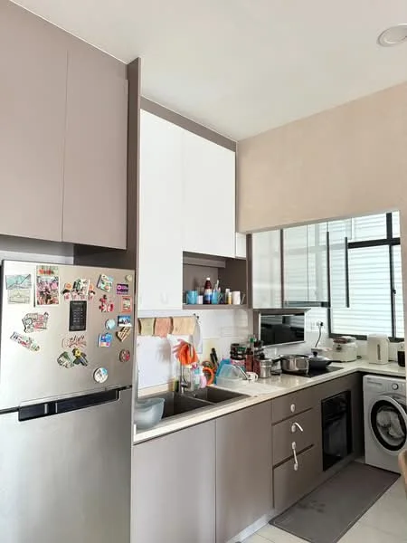 Kitchen features: stainless-steel fridge with stickers, double-bowl stainless-steel sink, chrome pull-down faucet, grey laminate cabinetry, white upper cabinets, built-in oven, freestanding washing machine, ceramic tile flooring, window with horizontal blinds, countertop with various kitchen items, open shelving, kitchen utensils and containers; style: modern.