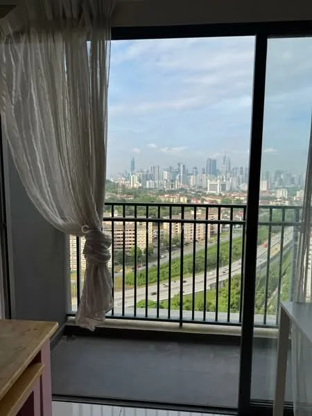 Room features: floor-to-ceiling windows, curtains, city skyline view, balcony railing, concrete flooring; style: modern; view: city.