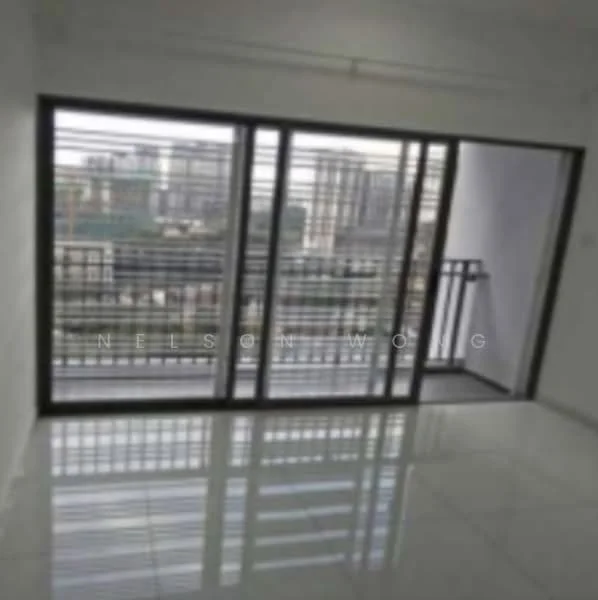 Room features: white painted walls, polished ceramic tile flooring, floor-to-ceiling windows, black metal railing, city skyline view; style: modern; view: city.