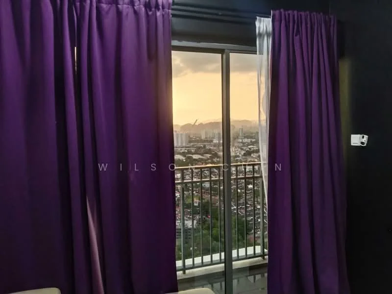 Room features: floor-to-ceiling windows, purple curtains, black wall, city skyline view, balcony railing; style: modern; view: city.