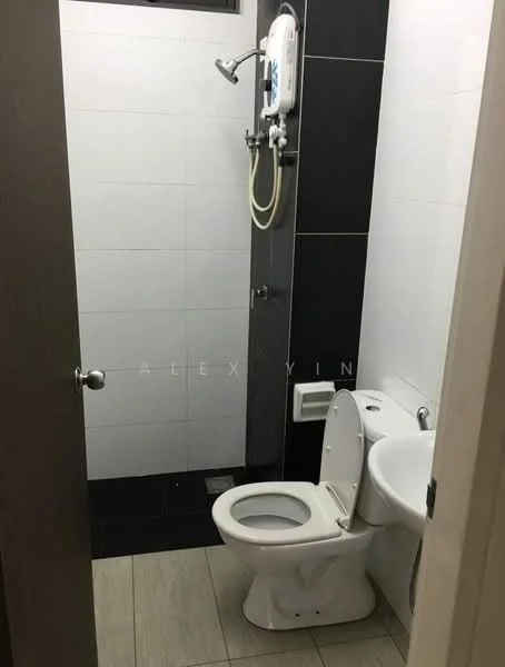 Bathroom features: white tiled walls, black accent wall, ceramic tile flooring, one-piece toilet, shower with wall-mounted water heater, handheld shower, chrome showerhead, sliding glass window; style: modern.