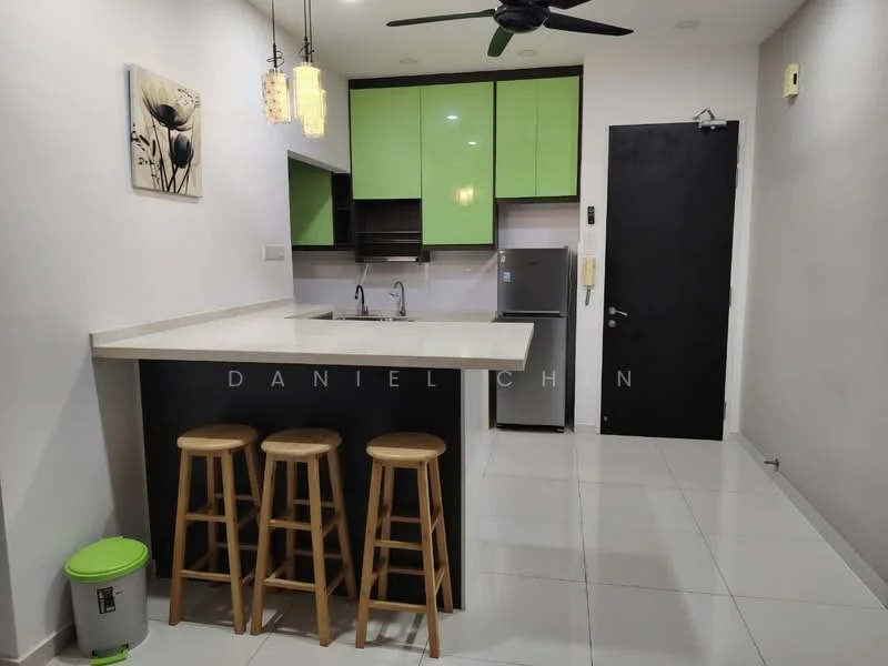 Kitchen features: green upper cabinets, black lower cabinets, white countertop, double-bowl stainless-steel sink, chrome pull-down faucet, built-in fridge, stainless-steel appliances, pendant lighting, 3 wooden bar stools, white tiled flooring, wall-mounted fan, open layout; style: modern.