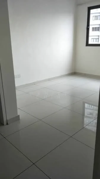 Room features: white painted walls, glossy ceramic tile flooring, large window, neutral color scheme, no visible furniture, minimalist design, bright natural light; style: modern.
