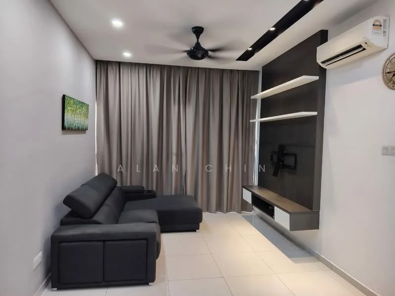 Living features: 3-seater fabric sofa in grey, ceiling fan, wall-mounted TV, TV console with storage, recessed lighting, light-coloured tiled flooring, floor-to-ceiling curtains, decorative wall art, air conditioning unit; style: modern.