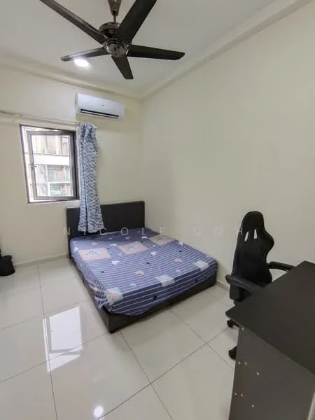 Bedroom features: queen-size bed with blue striped bedding, black upholstered bed frame, 1 wall-mounted split AC, white painted walls, glossy white tile flooring, window with sheer curtains, black office chair, black study desk, ceiling fan with light, built-in wardrobe; style: modern; view: city.
