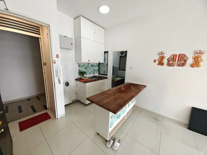 Kitchen features: white cabinetry, wood countertop, glass backsplash, stainless-steel sink, chrome faucet, built-in oven, refrigerator, tile flooring, recessed ceiling lights, open layout, decorative wall art, sliding door to hallway; style: modern. Room features: white painted walls, tile flooring.