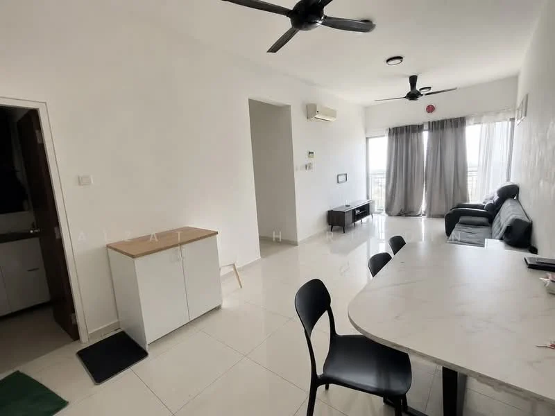 Living features: white painted walls, glossy tile flooring, 2 ceiling fans, floor-to-ceiling windows, grey sofa, TV console, dining table with chairs, curtains, air conditioning unit; style: modern; view: city. Room features: wooden cabinet, door leading to another room.
