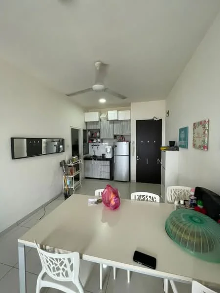 Dining features: white dining table, 4 white plastic chairs, ceiling fan, wall-mounted mirror, grey tiled flooring, black cabinet, refrigerator, kitchen cabinetry, open kitchen layout; style: modern.
