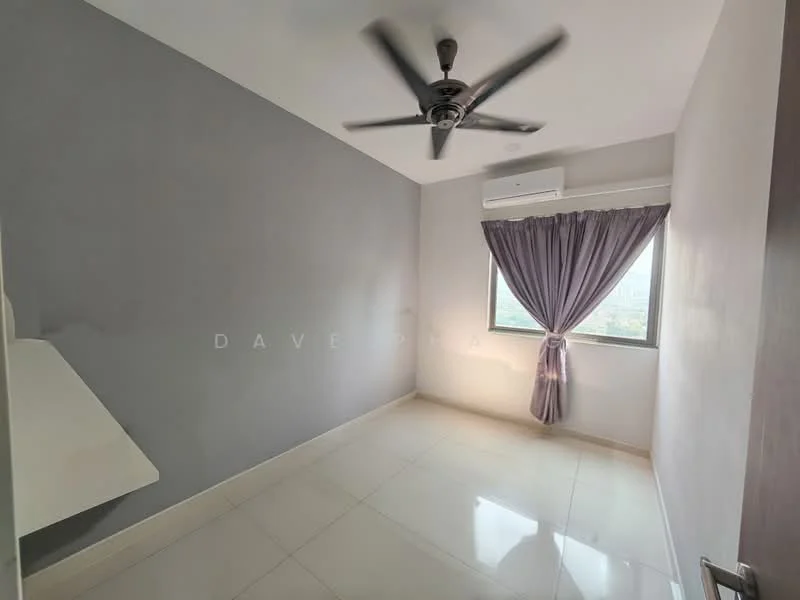 Bedroom features: grey accent wall, white painted walls, glossy tile flooring, 5-blade ceiling fan with light, floor-to-ceiling window, sheer curtains, wall-mounted air conditioning unit, built-in desk, natural light; style: modern; view: city.
