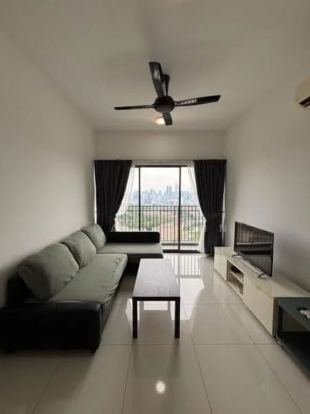 Living features: 3-seater fabric sofa in green, 2-seater leather sofa in black, coffee table, wall-mounted TV, TV console, floor-to-ceiling windows, blackout curtains, white painted walls, polished tile flooring, 5-blade ceiling fan with light, air conditioning unit; style: modern; view: city.