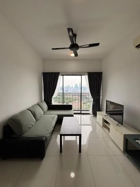 Living features: 3-seater fabric sofa in grey, 2-seater leather sofa, coffee table, wall-mounted TV, TV console, floor-to-ceiling windows, blackout curtains, 5-blade ceiling fan with light, polished ceramic tile flooring, white painted walls; style: modern; view: city.