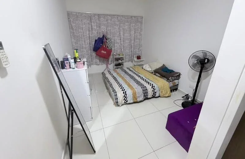 Bedroom features: queen-size bed with patterned bedding, white painted walls, white tiled flooring, floor-to-ceiling window with sheer curtains, standing fan, full-length mirror, dresser with multiple drawers, purple ottoman, decorative pillows on bed, storage unit with open shelving; style: modern.