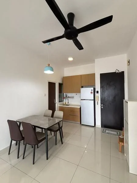 Dining features: 4-seater dining table with marble top, 4 upholstered dining chairs in brown, white painted walls, glossy tile flooring, ceiling fan with 3 blades, pendant light with blue shade, built-in kitchen cabinetry in light wood, stainless-steel fridge, built-in oven, kitchen countertop, door leading to kitchen area; style: modern.