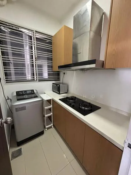 Kitchen features: light brown cabinetry, white countertop, stainless-steel range hood, 2-burner gas hob, microwave, washing machine, tile flooring, window with security bars; style: modern.