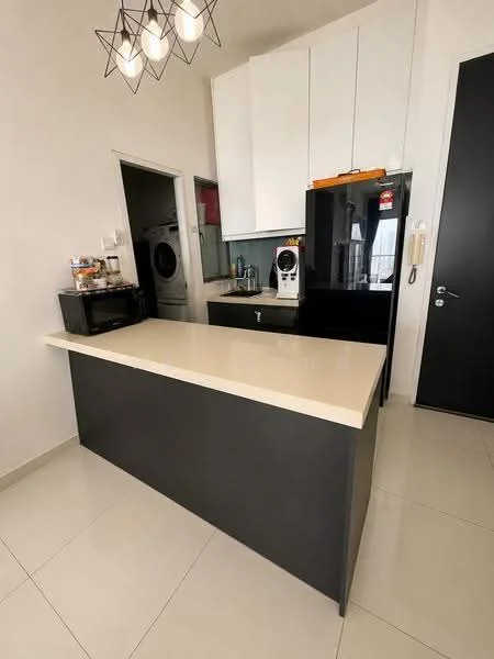 Kitchen features: white upper cabinets, black lower cabinets, quartz countertop, kitchen island, built-in refrigerator, microwave, coffee machine, washing machine, pendant lighting, ceramic tile flooring, single-bowl stainless-steel sink, chrome pull-down faucet, wall-mounted cabinet, black door, window with city view; style: modern; view: city.