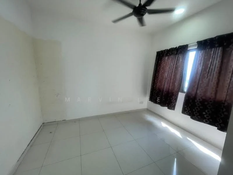 Room features: white painted walls, glossy ceramic tile flooring, ceiling fan, two windows with sheer curtains, dark patterned curtains, natural light from windows.