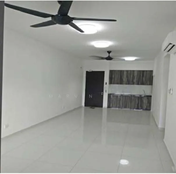 Living features: white painted walls, glossy ceramic tile flooring, 2 ceiling fans, recessed downlights, open kitchen layout, kitchen cabinetry with wood finish, air conditioning unit, neutral color scheme; style: modern.