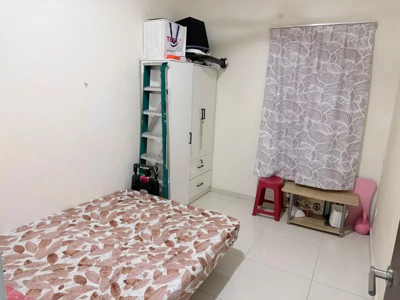 Bedroom features: queen-size bed with floral patterned bedding, white painted walls, white tiled flooring, curtains with leaf pattern, built-in wardrobe with sliding doors, small wooden side table, plastic stool, open shelving unit, decorative items on shelves; style: minimalist.
