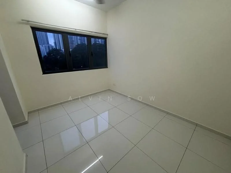 Room features: white painted walls, glossy white tile flooring, floor-to-ceiling windows, black window frames, natural light from windows, no visible furniture, neutral color scheme, smooth ceiling; style: modern; view: garden.