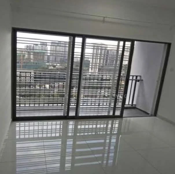 Room features: floor-to-ceiling windows, sliding glass door, white walls, glossy tile flooring, balcony view, metal railings, natural light, city skyline view; style: modern; view: city.