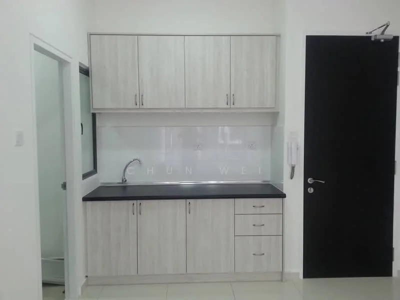 Kitchen features: light wood cabinetry, black countertop, single-bowl stainless-steel sink, chrome pull-down faucet, white tiled backsplash, 3 upper cabinets, 2 lower cabinets, 1 drawer, tile flooring, wall-mounted intercom, black door, window with black frame; style: modern.