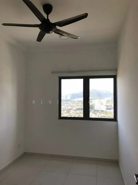 Room features: white painted walls, ceiling fan, floor-to-ceiling window, city view, tile flooring; view: city.