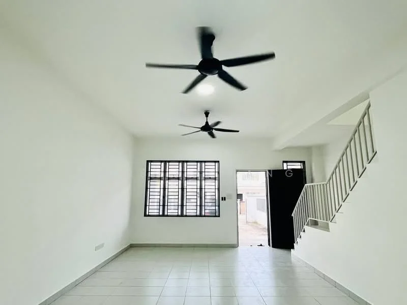Living features: white painted walls, tile flooring, 2 ceiling fans, large windows with black frames, staircase leading to upper level, door leading outside; style: modern.