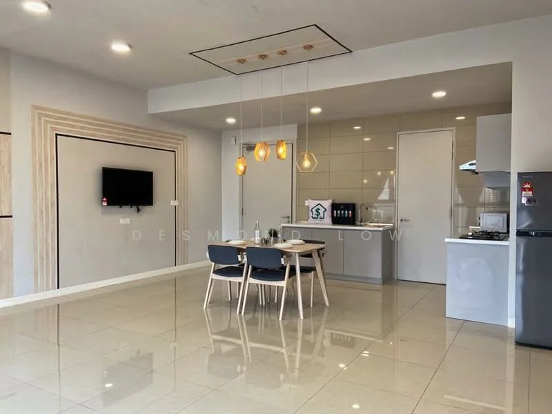 Living features: white painted walls, glossy ceramic tile flooring, recessed ceiling with lighting, pendant lights, wall-mounted TV, dining table for four, four dining chairs, kitchen island, built-in kitchen cabinets, stainless-steel gas hob, microwave, refrigerator; style: modern.