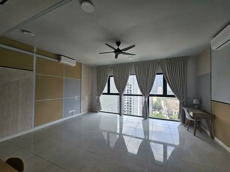 Living features: floor-to-ceiling windows, grey curtains, 5-blade ceiling fan with light, wall-mounted split AC, wall-mounted split AC, light-coloured wall panels, cream tiled flooring, decorative wall with wood paneling, study desk, city view; style: modern; view: city.